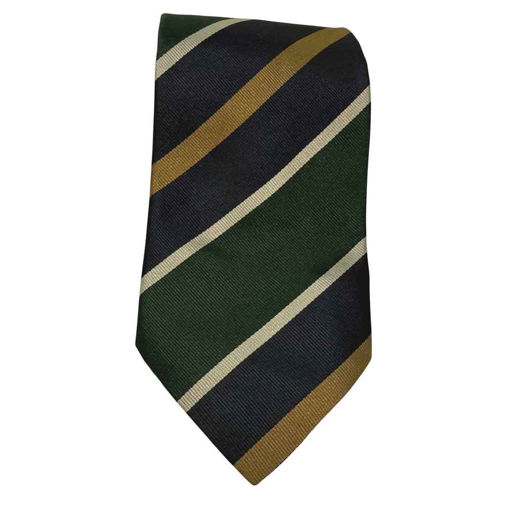 Michelsons of London Repp Tie 3.75in Stripe Green Navy Gold Silk England Preppy